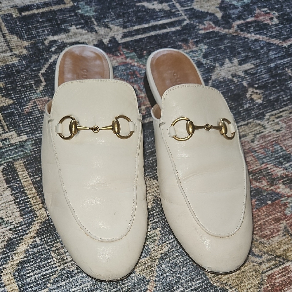 Gucci Princetown White Leather Mules with Gold